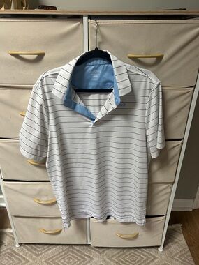 Good Good GOLF Men's White Striped Polo with Light Blue Inner Collar